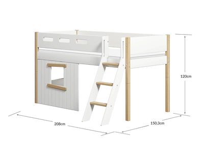 Halfhoogslaper, schuine ladder en boomhut bedfronten, eiken frame