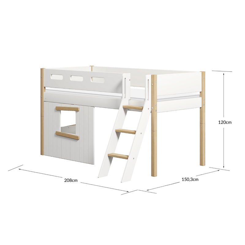 Mid-high Bed with Treehouse, Slanting ladder and Safety Rails, 90x200 cm, White/Oak