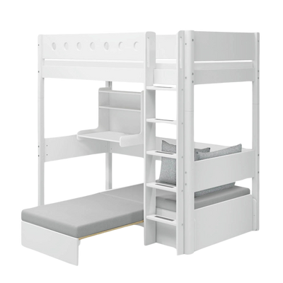 High bed with Sofa Mattress, Desk, Straight Ladder and Safety Rails, 90x200, White