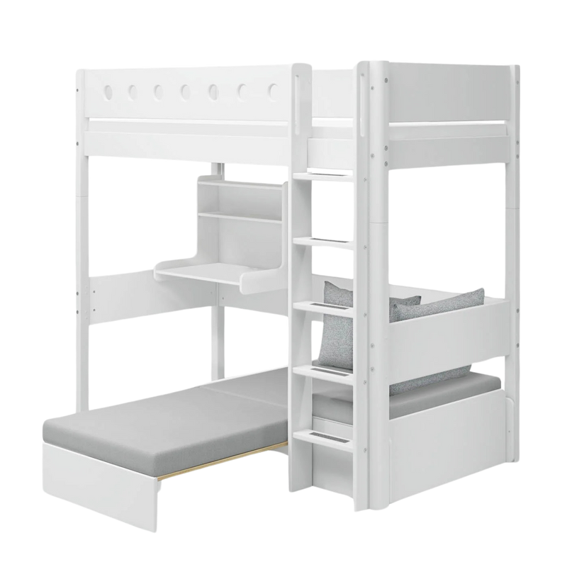 High bed with Sofa Mattress, Desk, Straight Ladder and Safety Rails, 90x200, White