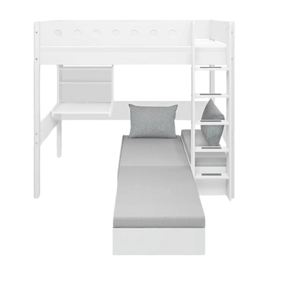 High bed with Sofa Mattress, Desk, Straight Ladder and Safety Rails, 90x200, White