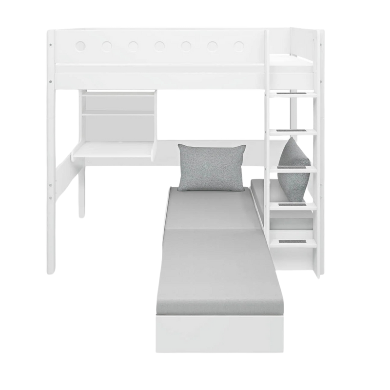 High bed with Sofa Mattress, Desk, Straight Ladder and Safety Rails, 90x200, White