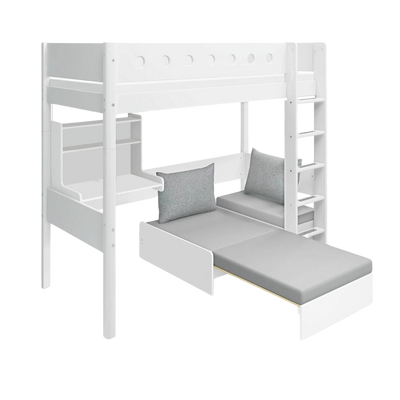 High bed with Sofa Mattress, Desk, Straight Ladder and Safety Rails, 90x200, White