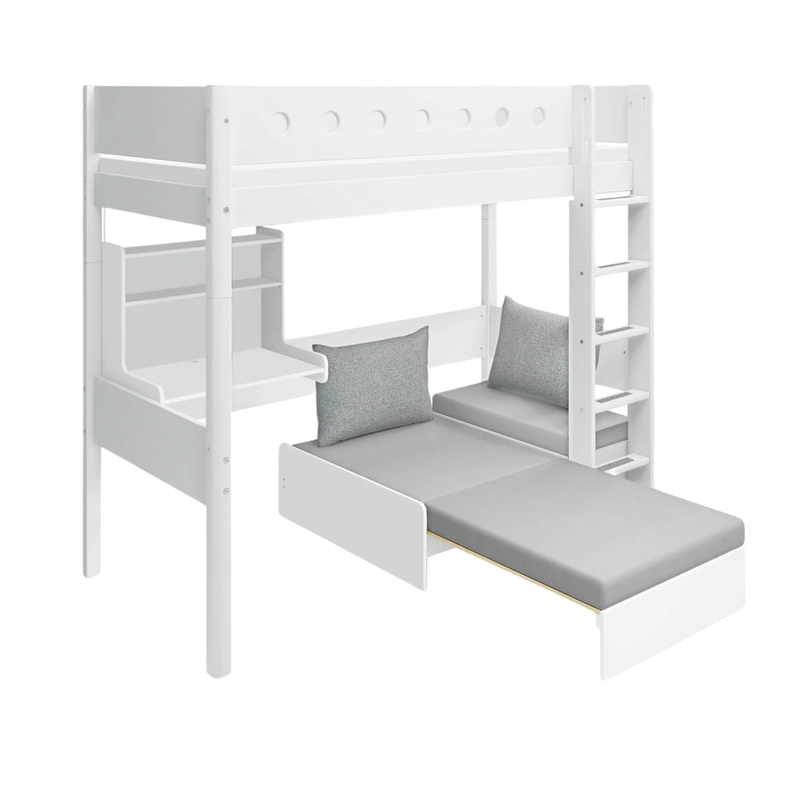 WHITE Casa Hochbett mit Sofa Matratze und Schreibtisch, 90x200, Weiss