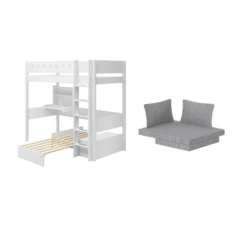 WHITE Casa Hochbett mit Sofa Matratze und Schreibtisch, 90x200, Weiss