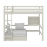High Bed 184 cm with Sofa, Desk, Ladder and Safety Rail, 90x200 cm, White