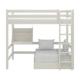 High Bed 184 cm with Sofa, Desk, Ladder and Safety Rail, 90x200 cm, White