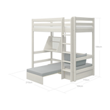 High Bed 184 cm with Sofa, Desk, Ladder and Safety Rail, 90x200 cm, White