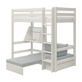High Bed 184 cm with Sofa, Desk, Ladder and Safety Rail, 90x200 cm, White