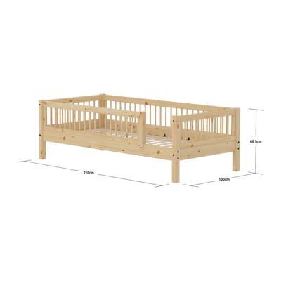 CLASSIC RAW Single Bed with Safety Rail, 90x200 cm, Pinewood