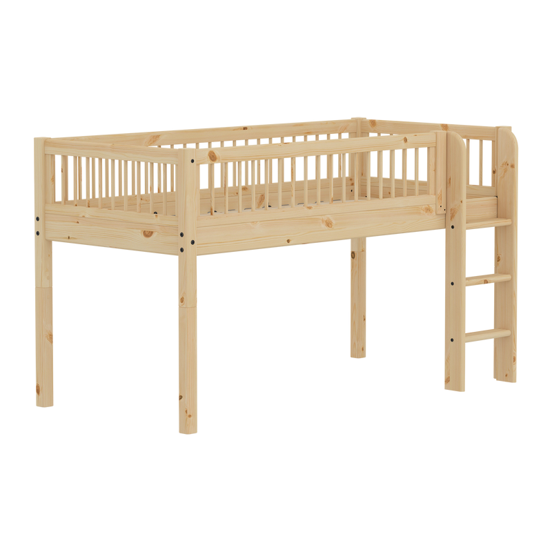 CLASSIC RAW Halbhohes Bett mit Crossbars, 90x200 cm, Kiefernholz