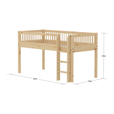 Mid-high Bed with Safety Rail, 90x200 cm, Pine