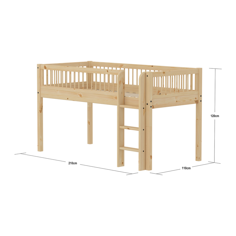 CLASSIC RAW Halbhohes Bett mit Crossbars, 90x200 cm, Kiefernholz