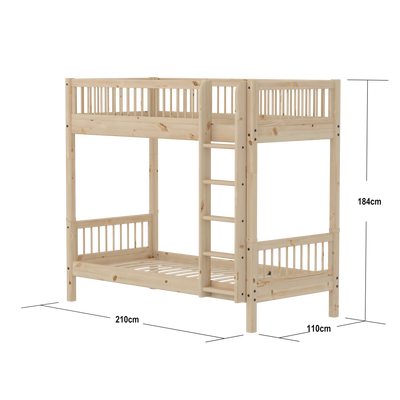 Bunk Bed with Extra Height and Safety Rail, 90x200 cm, Pine