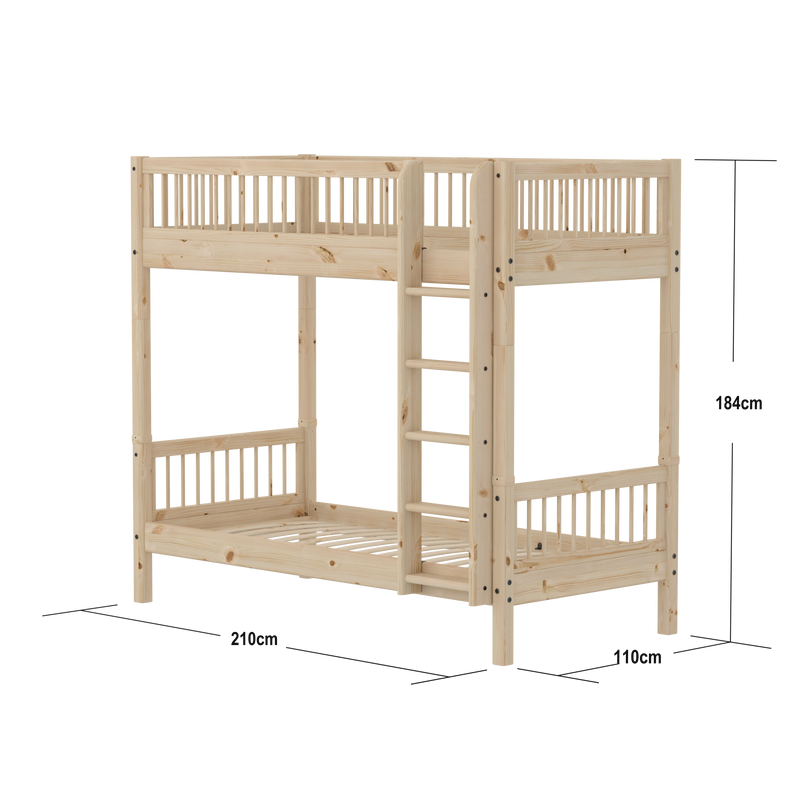 Bunk Bed with Extra Height and Safety Rail, 90x200 cm, Pine