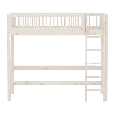 High Bed with Straight Ladder and Safety Rail, 90x200 cm, White