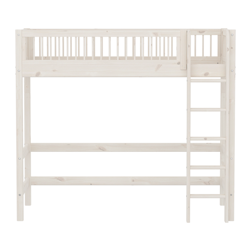 High Bed with Straight Ladder and Safety Rail, 90x200 cm, White