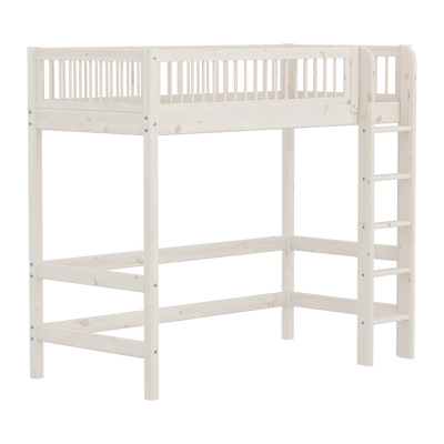 High Bed with Straight Ladder and Safety Rail, 90x200 cm, White