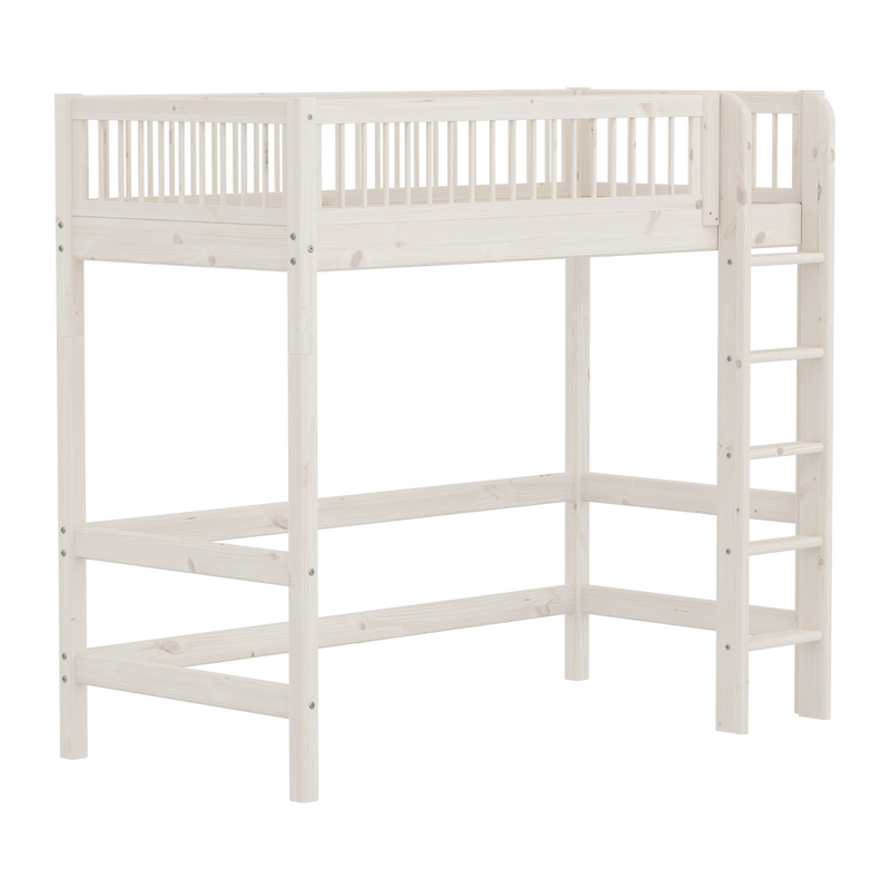 High Bed with Straight Ladder and Safety Rail, 90x200 cm, White