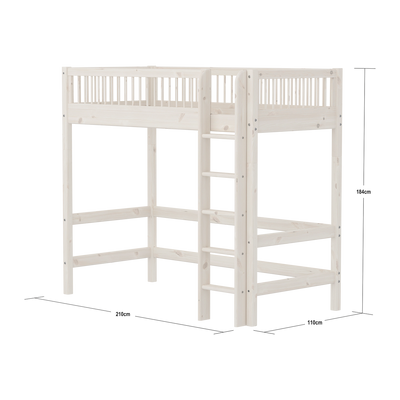 High Bed with Straight Ladder and Safety Rail, 90x200 cm, White