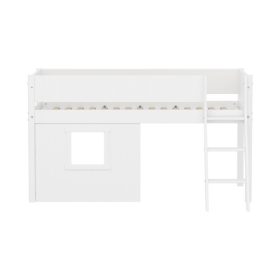 Mid-high Bed with Treehouse, Slanting Ladder and Safety Rails, 90x200, White