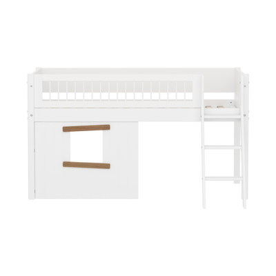 WHITE Halfhoogslaper met Boomhut, Schuine Ladder, 90x200, Wit/Eiken