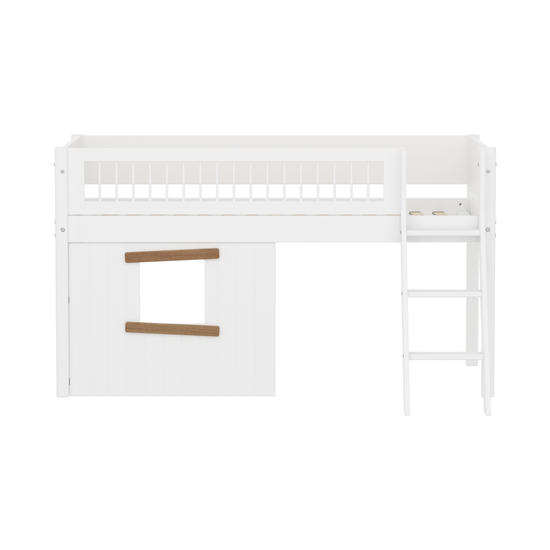 Mid-high Bed with Treehouse, Slanting Ladder and Safety Rails, 90x200, White/Oak