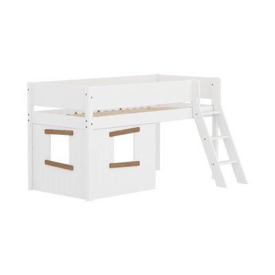 WHITE Halbhohes Bett mit Baumhaus, schräge Leiter, 90x200, Weiss/Eiche