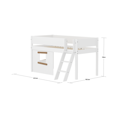 Mid-high Bed with Treehouse, Slanting Ladder and Safety Rails, 90x200, White/Oak