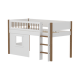 Mid-High Bed with Treehouse, Ladder and Safety Rail, 90x200 cm, White/Oak