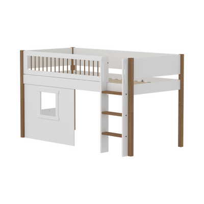 Mid-high Bed with Treehouse, Straight Ladder and Safety Rails, 90x200 cm, White/Oak