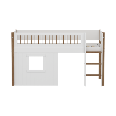 Mid-high Bed with Treehouse, Straight Ladder and Safety Rails, 90x200 cm, White/Oak