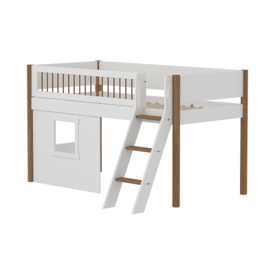 Mid-high Bed with Treehouse, Slanting ladder and Safety Rails, 90x200 cm, White/Oak