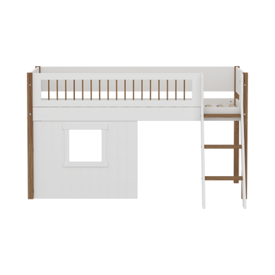 Mid-high Bed with Treehouse, Slanting ladder and Safety Rails, 90x200 cm, White/Oak