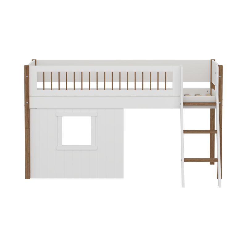 Mid-high Bed with Treehouse, Slanting ladder and Safety Rails, 90x200 cm, White/Oak