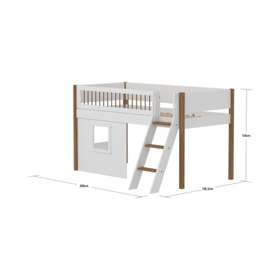 Mid-high Bed with Treehouse, Slanting ladder and Safety Rails, 90x200 cm, White/Oak