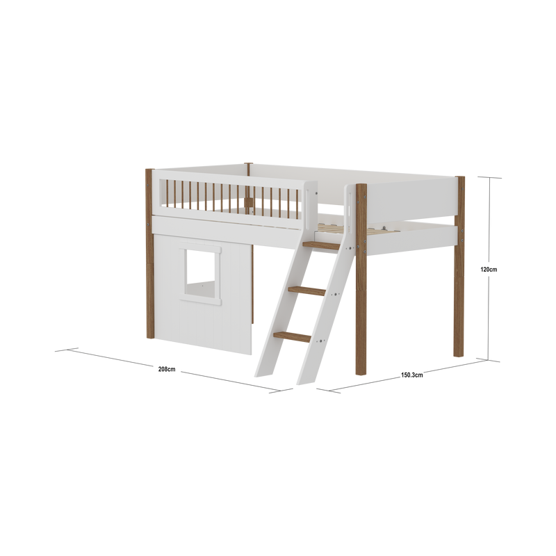 Mid-high Bed with Treehouse, Slanting ladder and Safety Rails, 90x200 cm, White/Oak