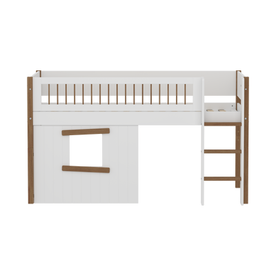 Mid-high Bed with Treehouse, Straight Ladder and Safety Rails, 90x200 cm, White/Oak