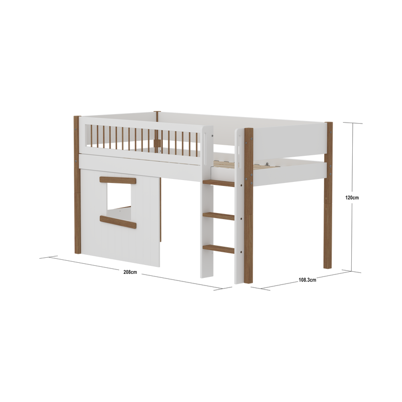 Mid-high Bed with Treehouse, Straight Ladder and Safety Rails, 90x200 cm, White/Oak