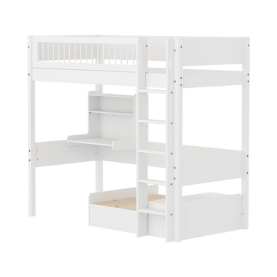 High Bed with Sofa, Desk, Straight Ladder and Safety Rails, 90x200 cm, White