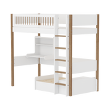 Lit haut 184 cm avec canapé, bureau, échelle et barrière de sécurité, 90x200 cm, Blanc/Chêne