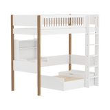 Lit haut 184 cm avec canapé, bureau, échelle et barrière de sécurité, 90x200 cm, Blanc/Chêne
