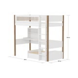 Lit haut 184 cm avec canapé, bureau, échelle et barrière de sécurité, 90x200 cm, Blanc/Chêne