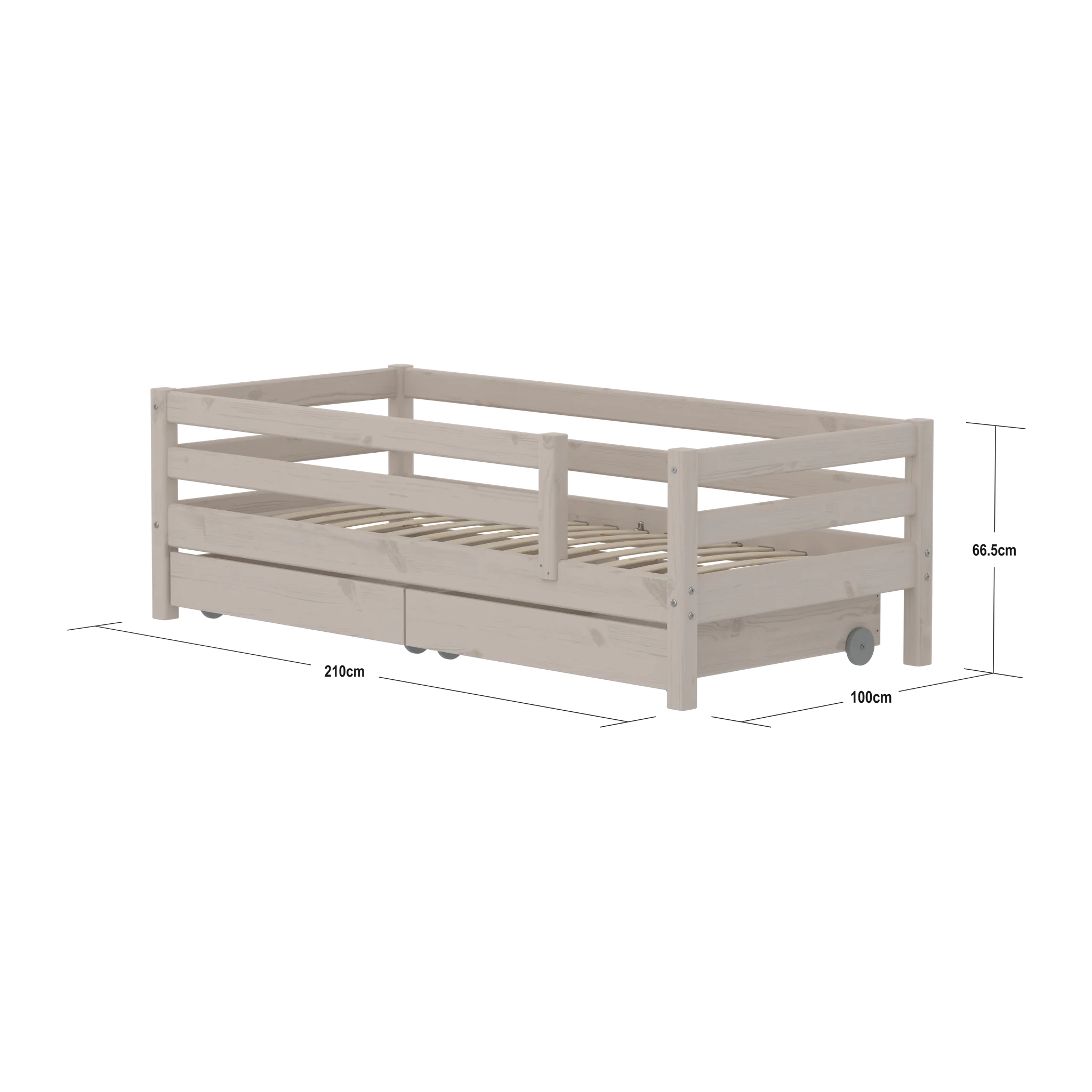 FLEXA Single Bed with Safety Rail and Storage, 90x200 cm, Grey, measurements