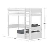 Høj seng med sofa, skrivebord og madras, 90x200 cm