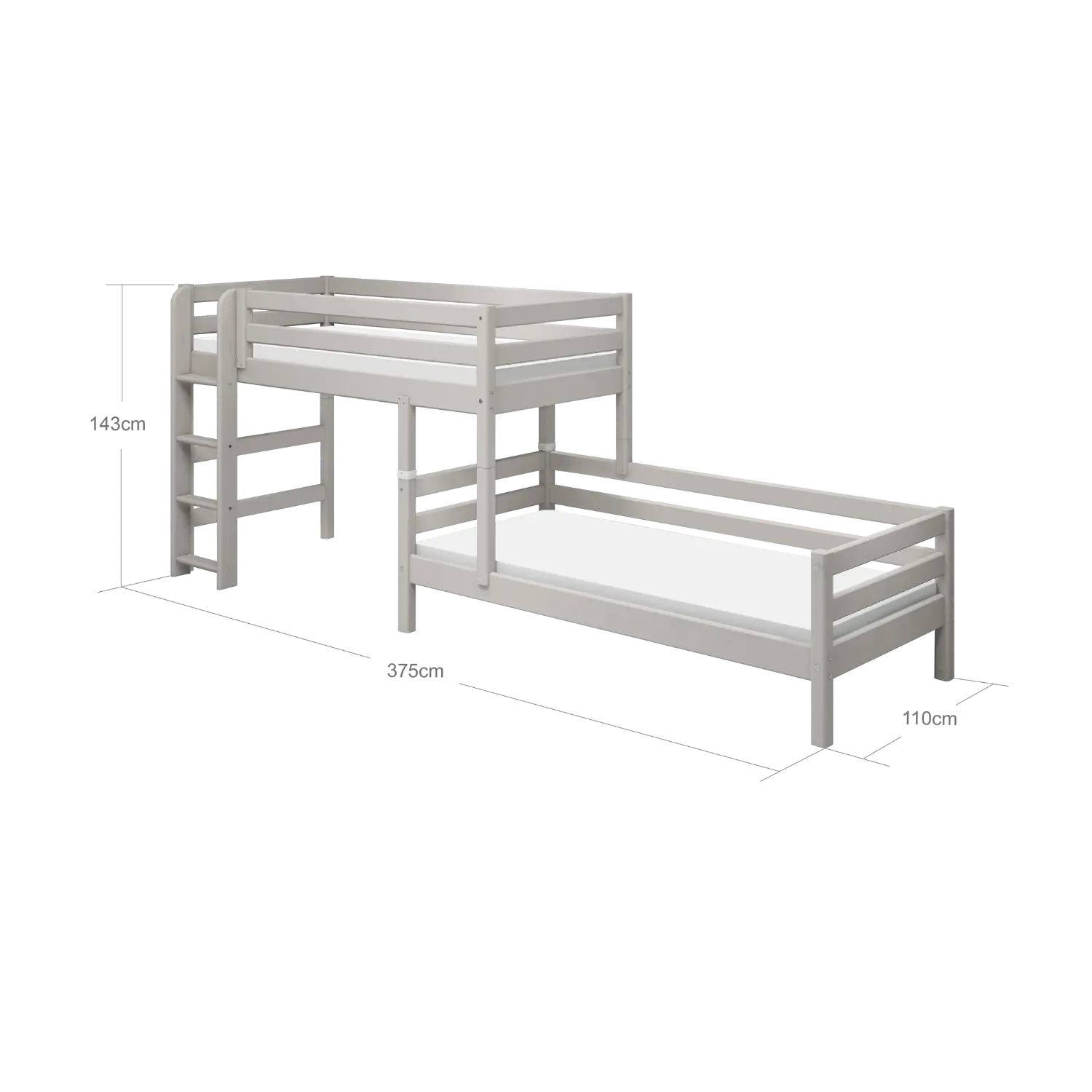 Bunk Bed 143 cm with Ladder and Safety Rail, 90x200 cm, Grey BUNKBED 200 flexa-com.myshopify.com