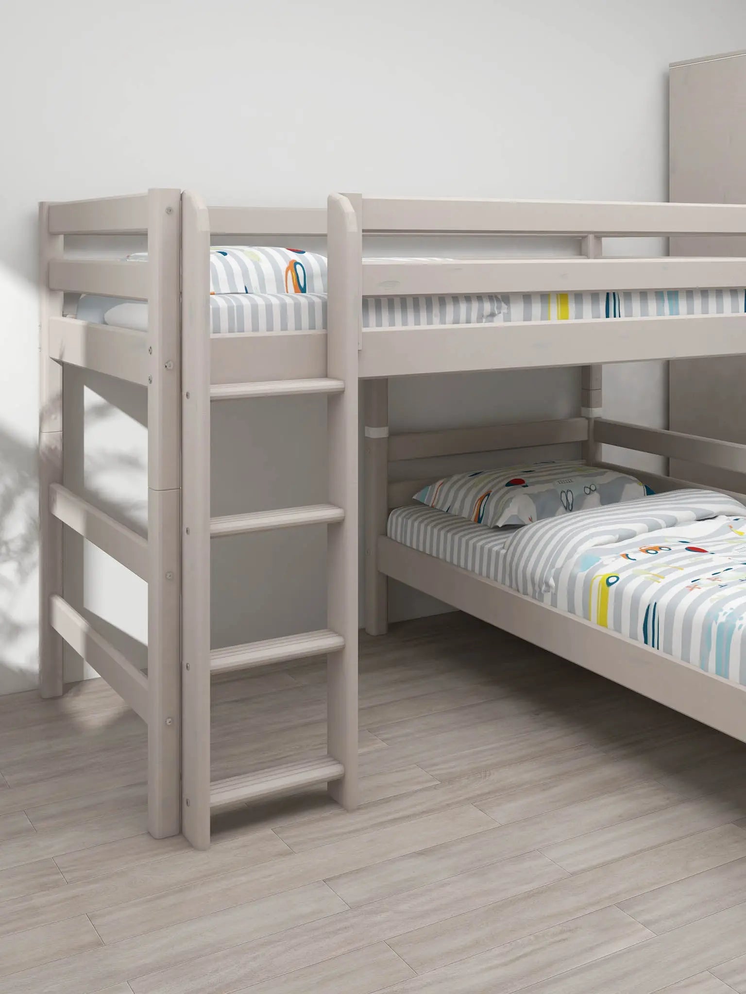 Bunk Bed 143 cm with Ladder and Safety Rail, 90x200 cm, Grey FLEXA BUNKBED semi-high-bed-w-straight-ladder-grey-washed-1   200 flexa-com.myshopify.com