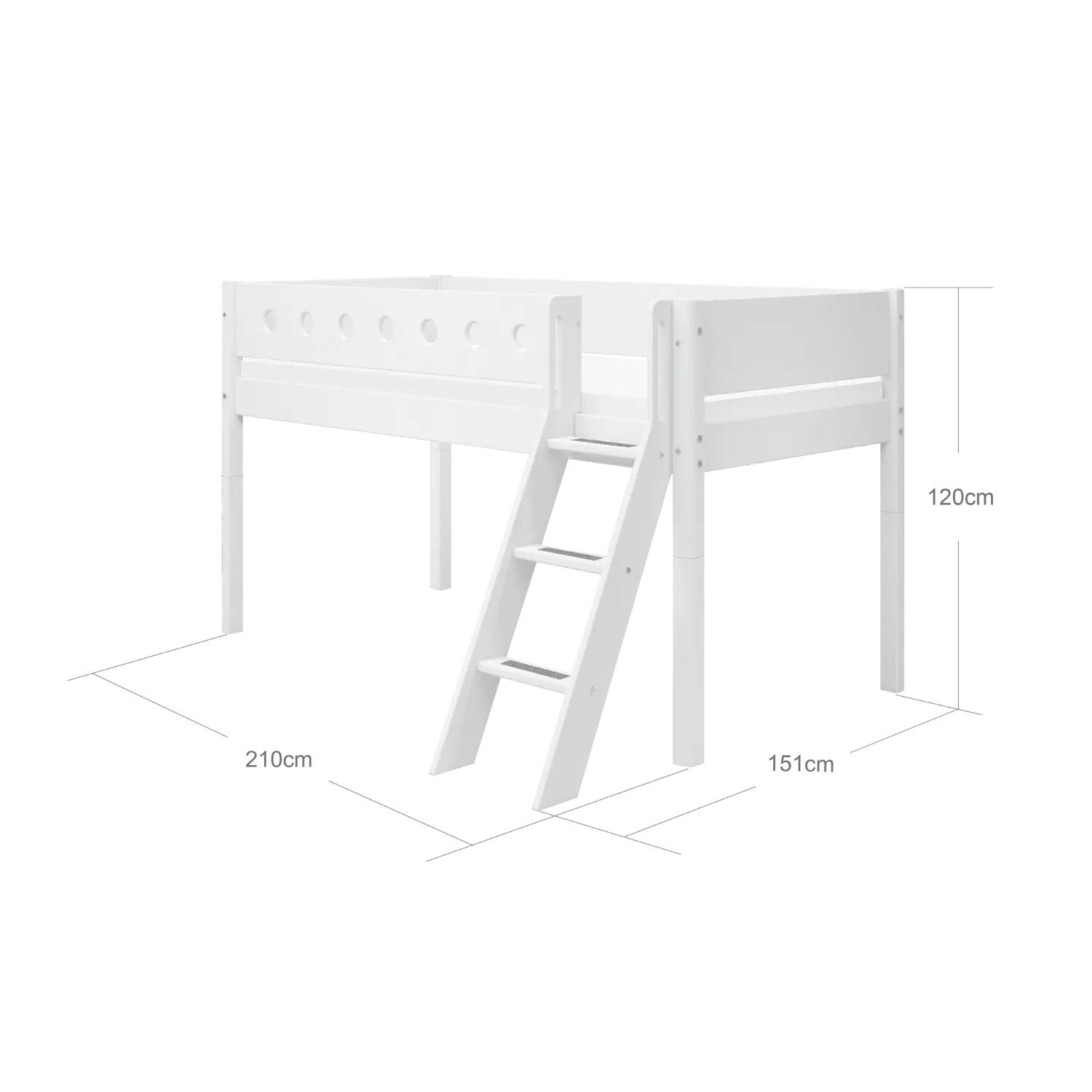 Hochbett 120 cm mit Leiter und Absturzsicherung, 90x200 cm, Weiß – FLEXA