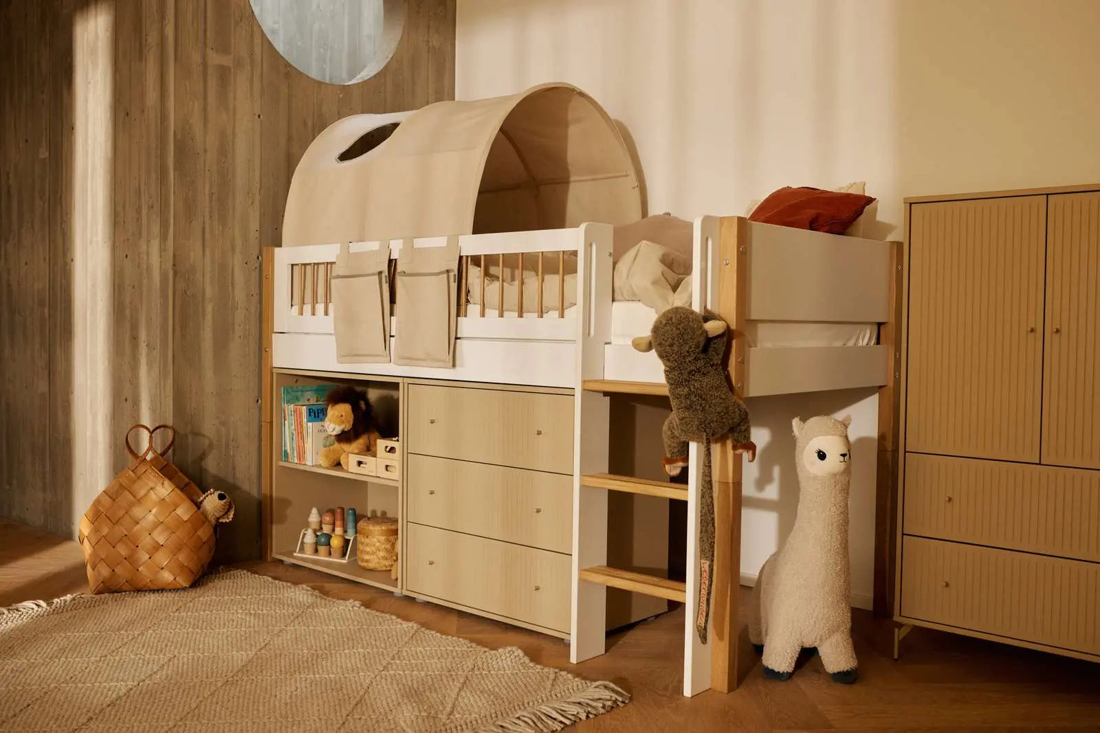 High Bed 120 cm with Ladder and Safety Rail, 90x200 cm, White/Oak MID_HIGH-BED 90X200 flexa-com.myshopify.com