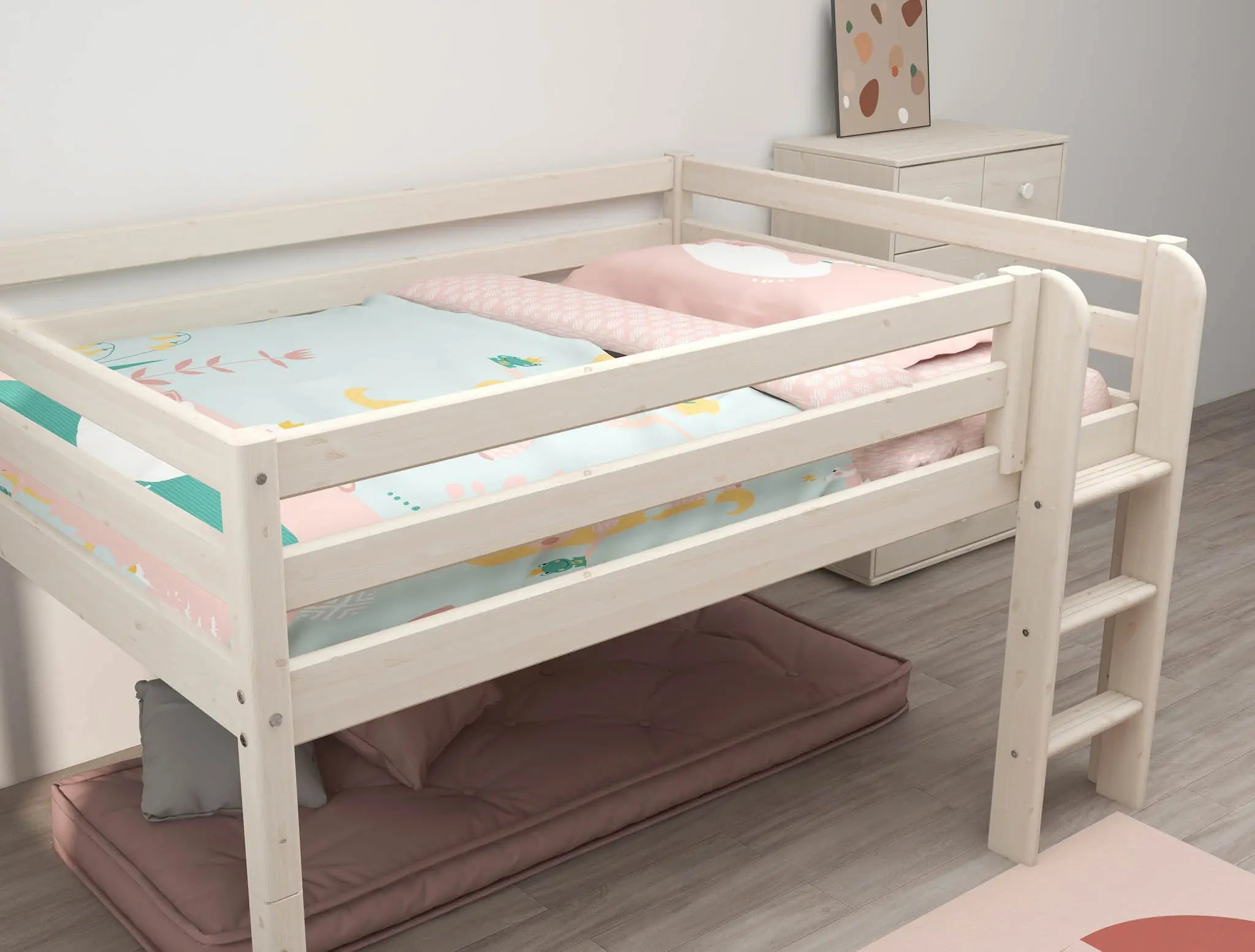 High Bed 120 cm with Safety Rail and Ladder, 140x200 cm, White MID_HIGH-BED 200 flexa-com.myshopify.com